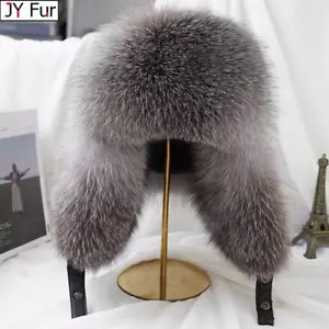 New Winter Men's 100% Real Silver Fox Fur Bomber Hat Raccoon Fur Ushanka Cap - Picture 1 of 32
