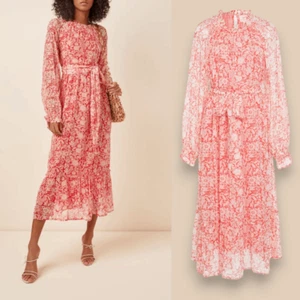Banjanan Ester rotes Midikleid mit Mohnblumen Größe Medium Georgette Langarm - Bild 1 von 15