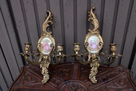 PAIR bronze Limoges porcelain Medaillon wall lights sconces victorian scene Cover
