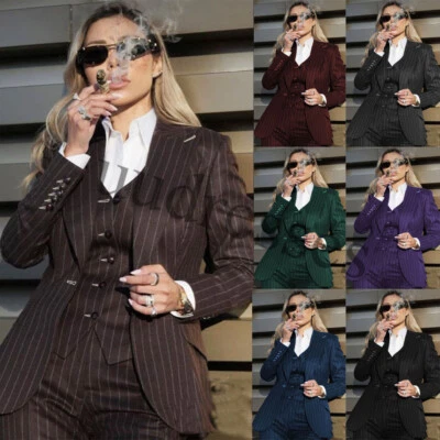 Conjunto de blazer formal de 3 piezas de traje de mujer a rayas para damas ropa de trabajo de oficina boda graduación Foto 1 de 4