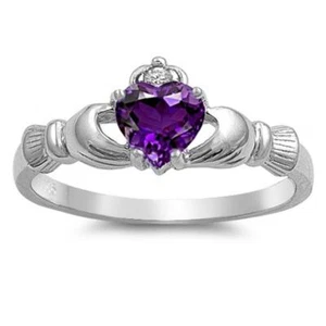 Purple CZ Heart Claddagh Friendship Ring .925 Sterling Silver Band Sizes 4-12 - Picture 1 of 3