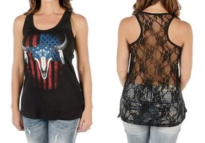 Liberty Wear "Feathers And Flag Tribal Skull" Women's Tank-Lace Back-Free Ship - Picture 1 of 1