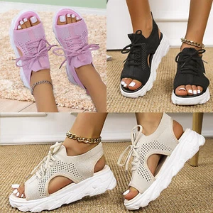 Women Muffin Sandals Summer Mesh Casual Thick Soled Lace Up Sandals Open Toe - Picture 1 of 36