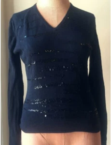 Bloomingdale's Women's Sweater Sequin Black Long Sleeves Thin Knit V Neck Size S - Picture 1 of 5