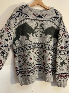Vintage American Eagle Handknit Wool Sweater L/XL 48” Chest Moose Deer Fair Isle - Picture 1 of 12