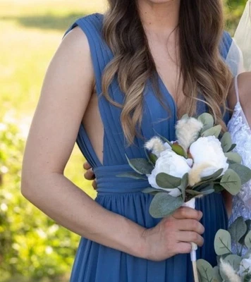 Vestido formal azul polvoriento mediano dama de honor elegante hasta el suelo Foto 1 de 4