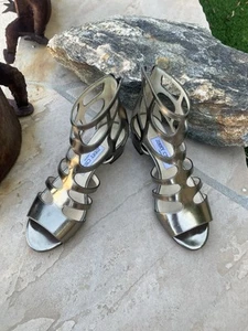 JIMMY CHOO Women's Ren Sandal Size 37 Mirror Caged Sandal Leather Metallic - Picture 1 of 7
