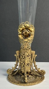 Vtg Hollywood Regency Brass & Glass Filigree Bud Vase Ornate Ormolu Gold Tone - Picture 1 of 9