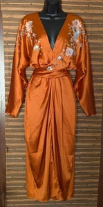 ASOS Sz 14 Orange Satin Wrap Front Kimono Midi Dress Asian Floral Crane 90s Y2K - Picture 1 of 23
