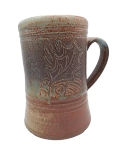 Rustic Holly Berry Leaf Studio Art Pottery Clay Coffee Mug Tea Cup Signed 5 1/4" - Picture 1 of 8