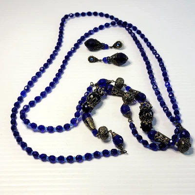 Juego de aretes collar aleta de 50" cuerda de vidrio azul facetado dulce romance Foto 1 de 4