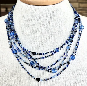 Vintage Boho Mixed Blue Black Glass Bead Multi Strand Necklace 19" Adjustable - Picture 1 of 6
