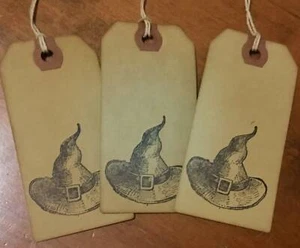 SET of 3 Med. Primitive Halloween Witch Hat Hang Tags - Picture 1 of 1