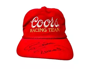 Sombrero de pana rojo autografiado por Bill Elliott Coors Racing Team Calhead vintage años 80 - Imagen 1 de 17