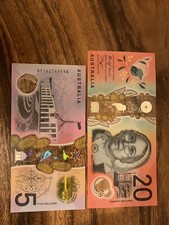 Australia 5 + 20 Dollar Banknotes. Australian 25 Total. Circulated Bank Note.