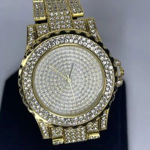 Gold Tone Crystal Watch Men's Fashion Streetwear Style Hip Hop Bling NWT - Picture 1 of 21