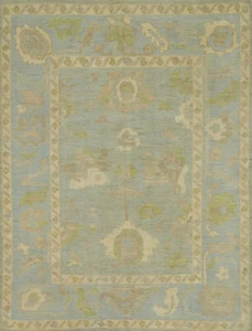 Oushak Area Rug 8x10 Vegetable Dye Blue Transitional Floral Turkish Wool Carpet - Picture 1 of 14