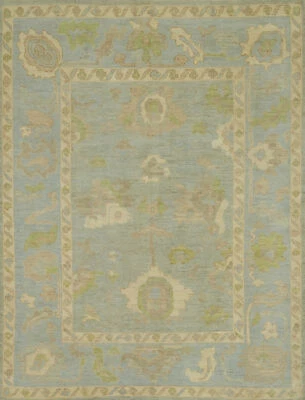 Oushak Area Rug 8x10 Vegetable Dye Blue Transitional Floral Turkish Wool Carpet - Image 1 of 4