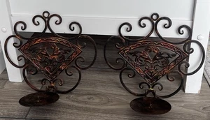Pair Rustic Scrolled Wrought Iron Wall Sconce Pillar Candle Holder Home Decor - Picture 1 of 8