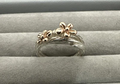 Vintage Two-Tone Sterling Silver Ring Rose Gold Flowers Size 6 Thailand 925 - Image 1 of 4