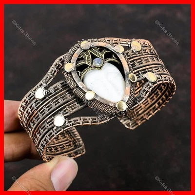 Nuevo brazalete de cobre blanco tallado cara piedra arco iris piedra lunar alambre envuelto joyería Foto 1 de 4