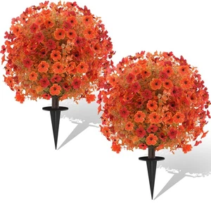 2 Pack Fall Artificial Topiary Bushes - 23" Boxwood Trees with Mums, UV Resis... - Picture 1 of 8