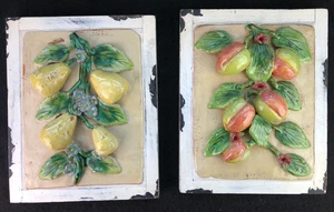 2 placas de frutas 3D vintage arte de pared peras y melocotones cerámica relieve 9x11 - Imagen 1 de 6