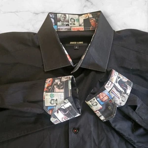 Rare Jared Lang Mens Shirt Large Black McQueen Print Cuffs Collar Contrast Trim  - Picture 1 of 13