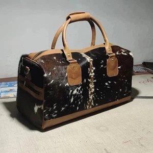 Bolso de Lona de Cuero de Vaca Cabello sobre Cuero de Vaca - Hecho a Mano Viaje Fin de Semana Noche Gimnasio Bolso - Imagen 1 de 2