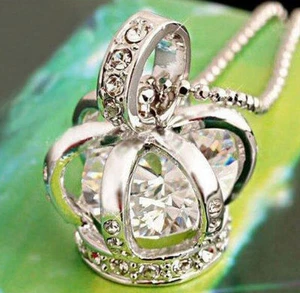 Collana lunga FD4978 placcata argento donna ragazza corona strass cristallo ^ - Foto 1 di 1
