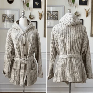Vintage Rosanna Wool Blend Hooded Oatmeal Belted Cardigan Braided Leather Button - Picture 1 of 9