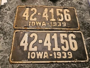 Vintage Iowa 1939 License Plate Set Man Cave Wall Decor Collector - Picture 1 of 4