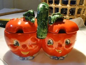 Vint. 1950's Ceramic Red Tomato Double Condiment Holder, Made in Japan - Picture 1 of 11