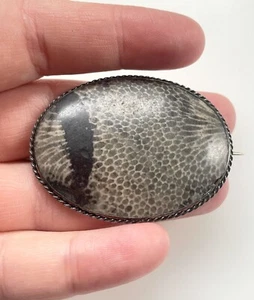 Antique Victorian Sterling Silver Scottish Fossil Agate Large Brooch Pin 2" - Picture 1 of 5