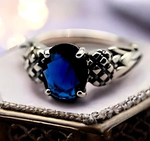 SCOTTISH THISTLE 925 STERLING SILVER SIMULATED SAPPHIRE VINTAGE STYLE RING 1792 - Picture 1 of 3
