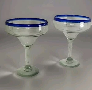 Margarita Glasses Clear Cobalt Blue Mexican Handblown Stemmed Wide - Picture 1 of 7