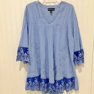 Gretty Zueger Blue 1X Lac Hem Floral Long Sleeve Tunic Dress Peasant Womens - Picture 1 of 6