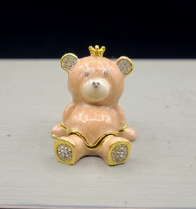 Teddy Bear Jeweled Trinket Box 2" Tall Hinged Metal Enamel Rhinestones - Picture 1 of 4