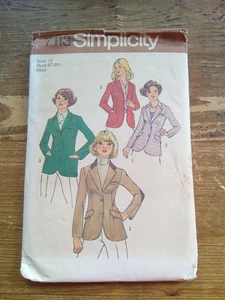 7113 Blazer Riding Jacket Pockets Size 12 Used Vintage Simplicity Sewing Pattern - Picture 1 of 2