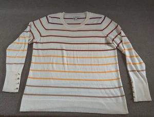 Kim Rogers Womans XL Sweater White Red Brown Yellow Striped Detail Sleeve Button - Picture 1 of 12
