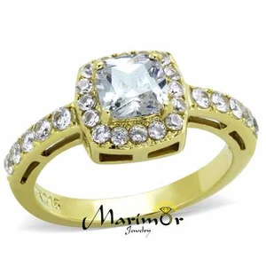 Anillo de compromiso Halo CZ corte cuadrado corte cuadrado enchapado en iones de oro 14k acero inoxidable de 1,63 quilates - Imagen 1 de 6