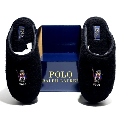 New Polo Ralph Lauren Women’s Charlotte Bear Slippers Black Sherpa Fleece NIB - Image 1 of 4