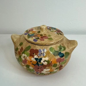 Handmade Terra Cotta Small pot with lid Honduras Arline Floral two Handles - Picture 1 of 6