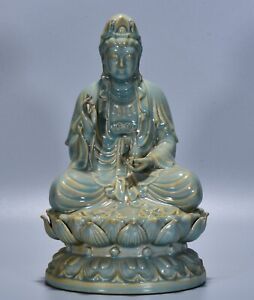 12.4"old China Buddhism Ru kiln porcelain Kwan-Yin GuanYin Goddess Buddha Statue