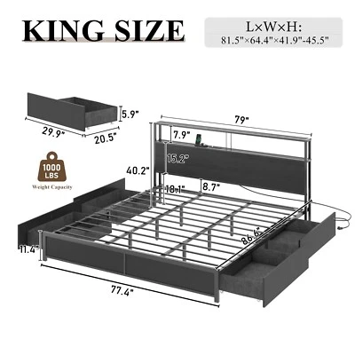 Full Queen King Size Metal Platform Bed Frame w/ LED Lights,4 Drawers,Headboard - Image 1 of 4