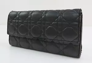 Auténtico CHRISTIAN DIOR Dama Dior Cuero Negro Cartera Larga Monedero a Presión #57095A - Imagen 1 de 16