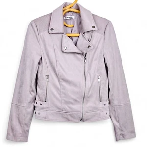 JUST JEANS Faux Suede Motorcycle Jacket Womens Size 8 Grey Soft Pockets - Picture 1 of 11