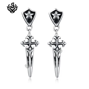 Silver stud black crystal dangle earrings stainless steel cross sword unisex - Picture 1 of 3