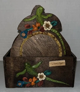 Set/6 sottobicchieri vintage in legno fatti a mano con supporto - lucertola e fiori Nicaragua - Foto 1 di 6