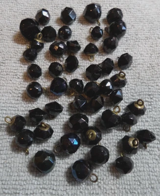47 Vintage Antique Black Glass Faceted Ball Buttons Metal Shanks - Image 1 of 4